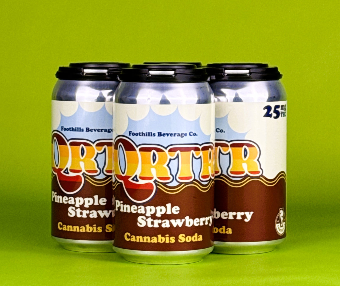 photo of a 4-pack of a cannabis soda called QRTR in the flavor of pineapple strawberry